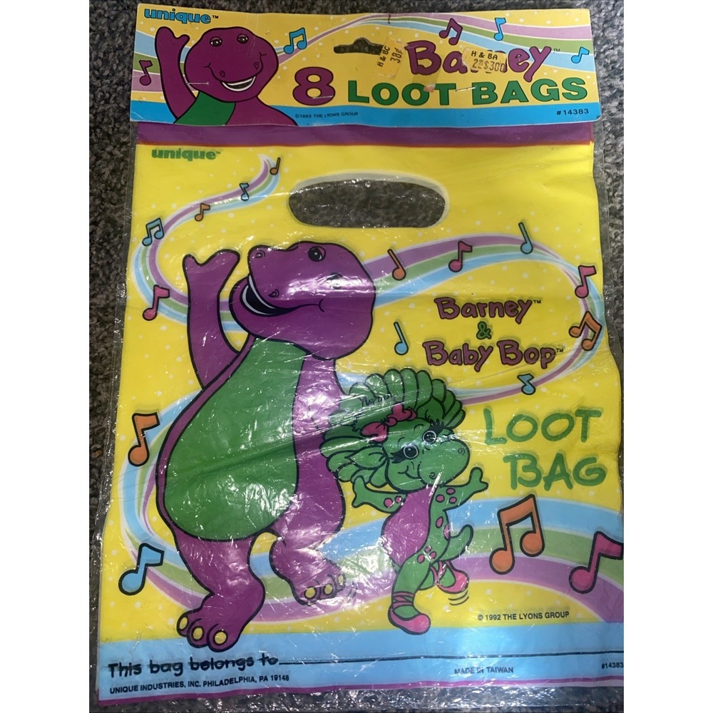 Vintage 1992 Barney The Dinosaur (8) Loot Bags